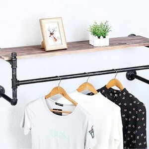 Industrial Pipe Clothing Rack Wall Mounted with Real Wood